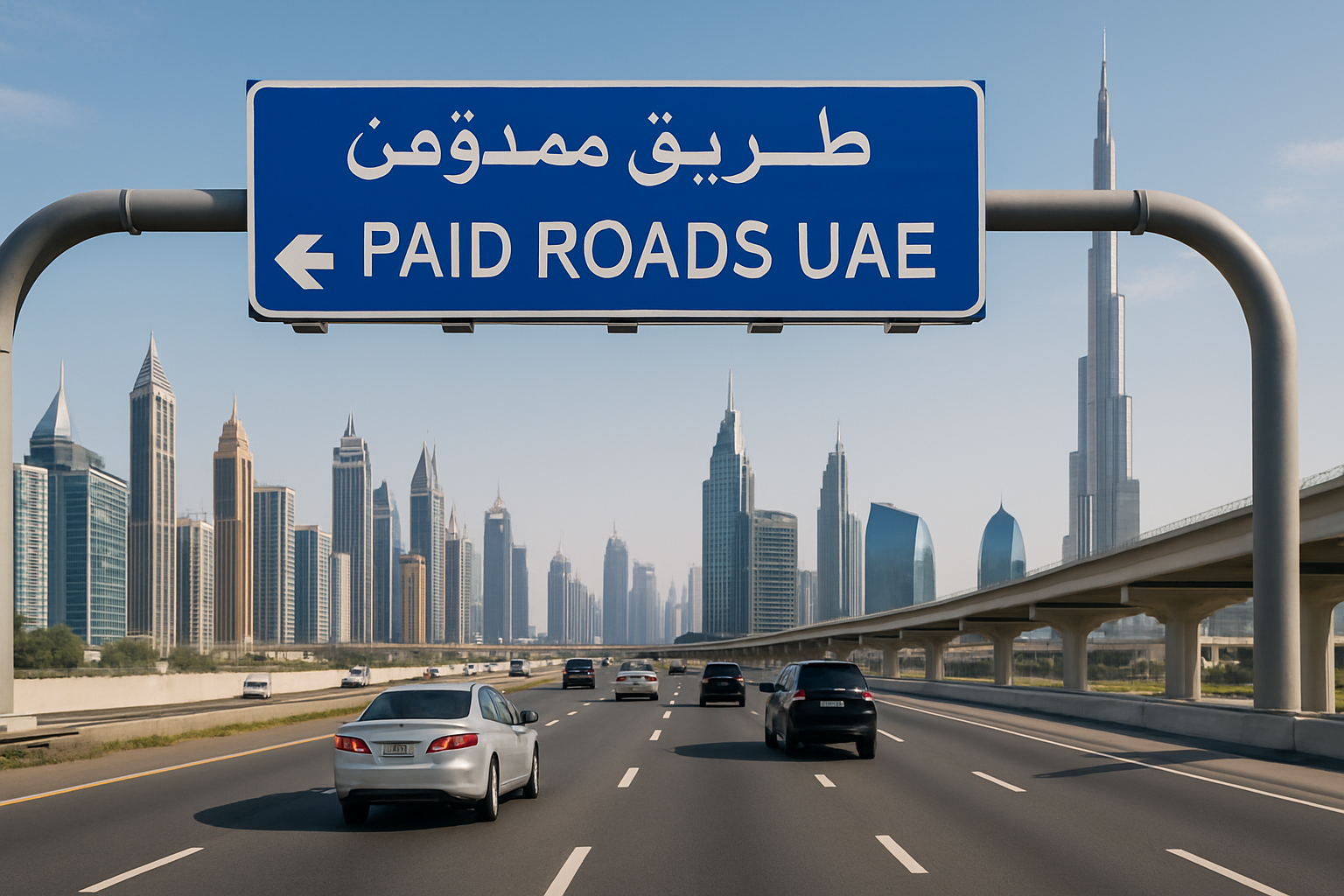 Dubai highway with Paid Roads UAE signage