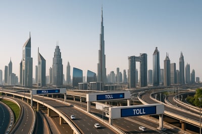 Dubai skyline with modern highways and toll gates Dubai skyline with modern highways and toll gates