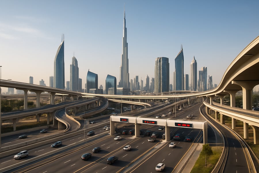 Dubai skyline with modern highways and toll gates Dubai skyline with modern highways and toll gates